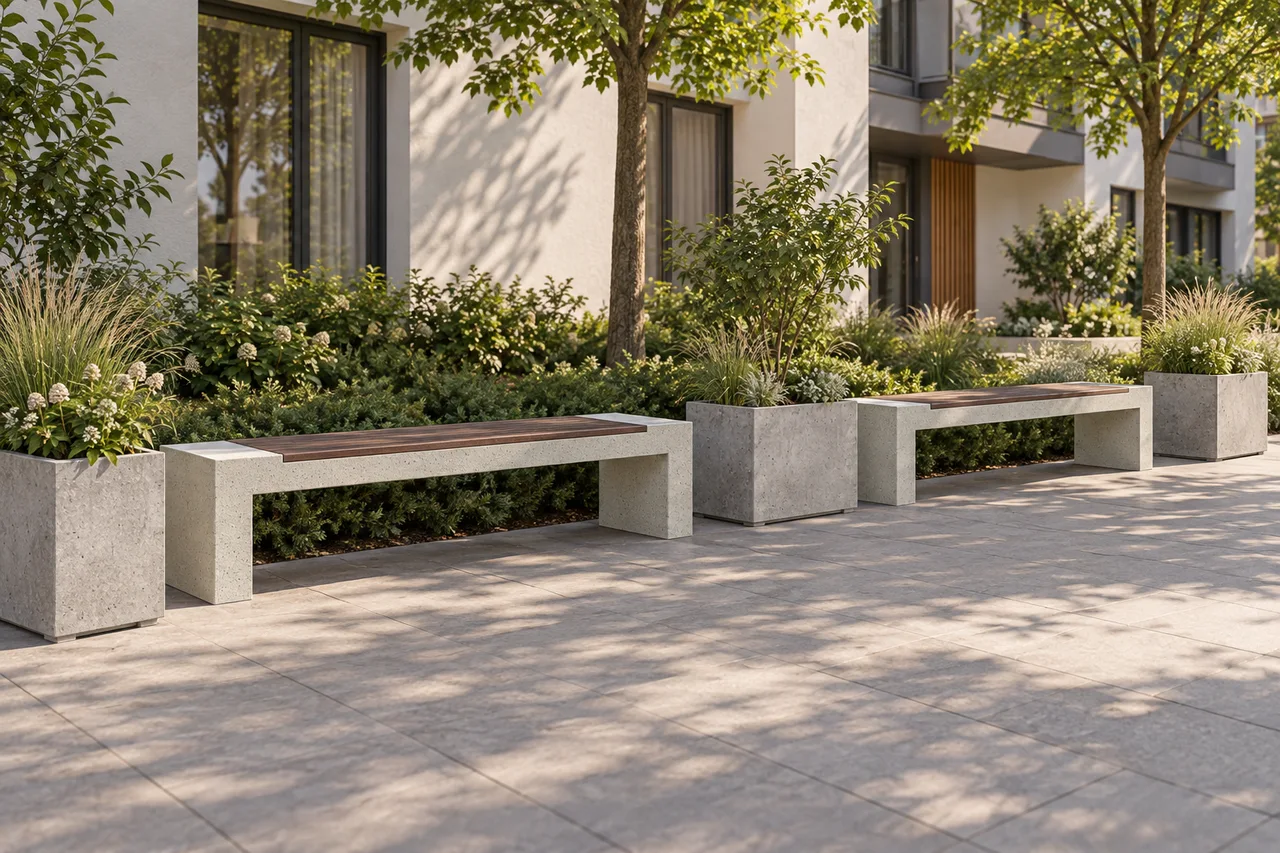 Композиція з лав Bench Wood та прямокутних вазонів Craft біля житлового будинку